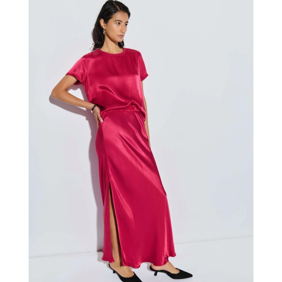 Nation Nwt Trending Maribel Bias Maxi Skirt Hammered Satin In Raspberry Jam Sz S
